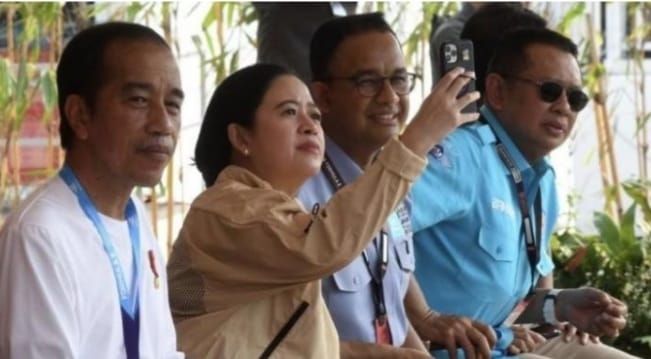 Presiden Jokowi (kaos putih) Puan Maharani (baju coklat) Anies Baswedan (ketiga dari kiri) serta Bambang Soesetya (kacamata hitam). Foto : Istimewa