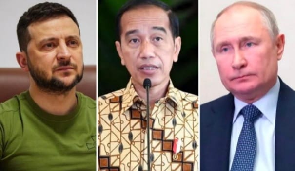 Presiden Ukraina Volodymyr Zelensky, Presiden Jokowi, Presiden Rusia Vladimir Putin. Foto : Istimewa