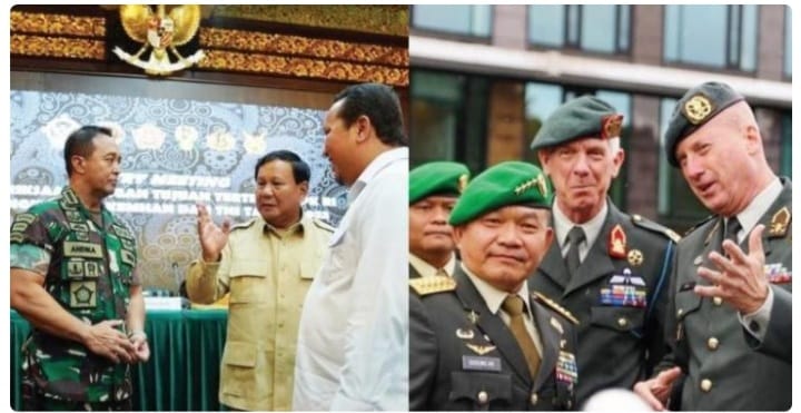 Menham Prabowo Subianto dan Panglima TNI Jenderal Andika Perkasa saat rapat bersama BPK di kantor Kemenhan (kiri) sedangkan KASAD Jenderal Dudung sedang berada di Belanda. (Ist)