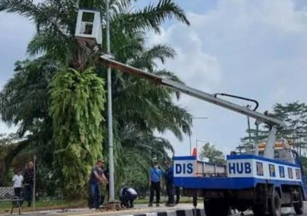 Petugas Dinas Perhubungan sedang melakukan perawatan PJU. Foto : Istimewa