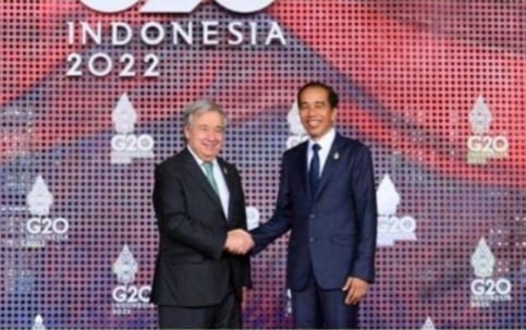 Jokowi Sambut Pemimpin G20 Di Apurva Kempinski Bali Presiden Jokowi menerima Sekjen PBB Antonio Guterres di hotel Apura Kempinski Bali. (Ist)