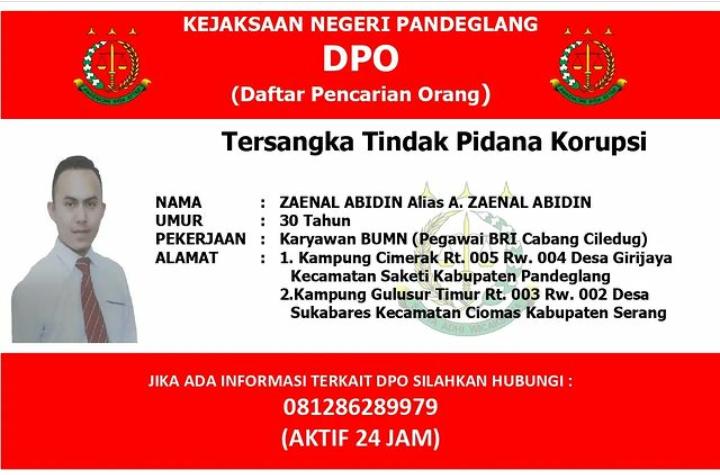 Tersangka Korupsi Dana Nasabah BRI Terus Diburu Kejaksaan Negeri Pandeglang menyebar pamplet tersangka korupsi dana BRI Pandeglang. (Ist)