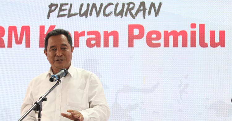 Dirjen Politik dan Pemerintahan Umum Kementerian Dalam Negeri Bahtiar memberi sambutan pada peluncuran RM Koran Pemilu, di Jakarta, Rabu (15/3). (rm.id)