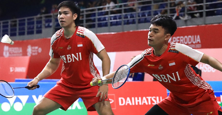Badminton Malaysia Masters 2023, Wakil Garuda Berguguran Pasangan ganda Indonesia Leo Rolly Carnando/Daniel Marthin. Foto : Ist