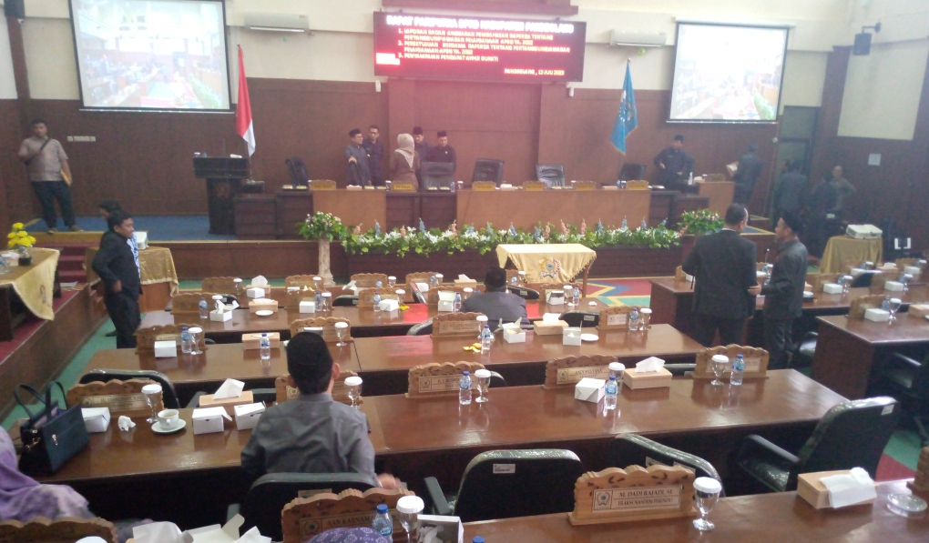Dua Jam Tidak Kuorum, Rapat Paripurna DPRD Pandeglang Ditunda Suasana rapat paripurna dengan agenda persetujuan bersama Raperda Pertanggungjawaban APBD TA 2022, di Gedung DPRD Pandeglang, Kamis (13/7/2023) ditunda.(Ari Supriadi/Tangsel Pos)