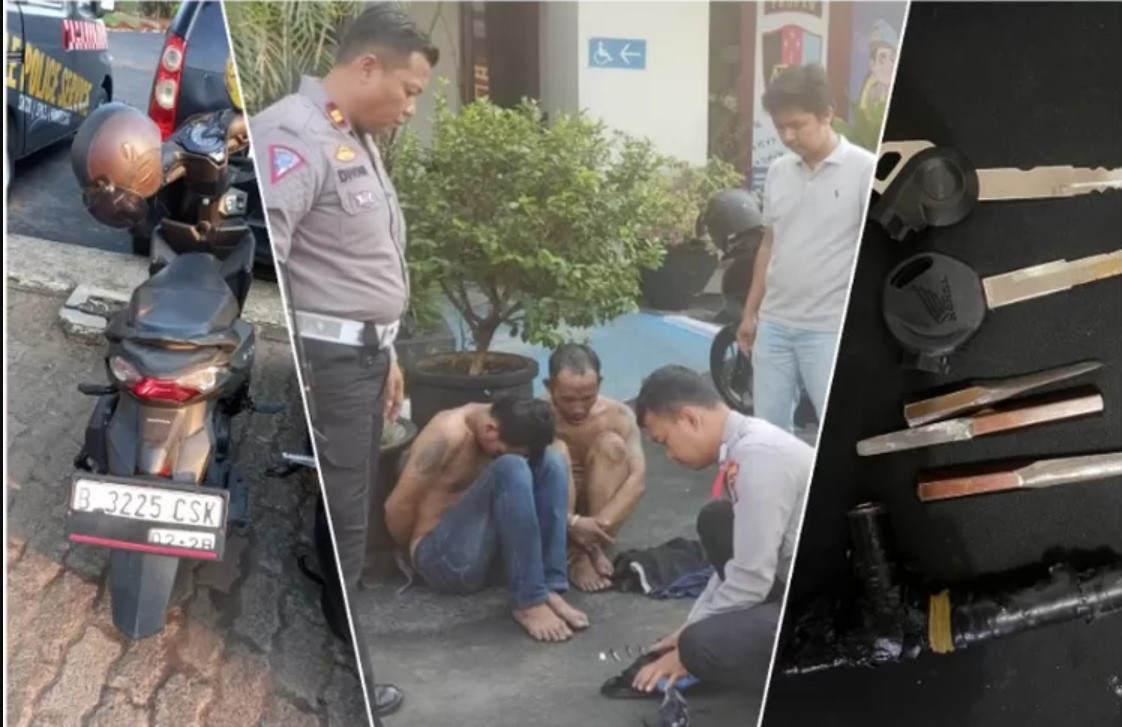 Dua Pelaku Ranmor di Pondok Aren Diamuk Warga Pelaku pencurian kendaraan bermotor (Ranmor) kembali beraksi, kali ini di area parkir Klinik Hewan Satwagia Jalan Raya Pondok Jaya, Kelurahan Pondok Jaya, Kecamatan Pondok Aren, Minggu (19/10), malam.(dra)