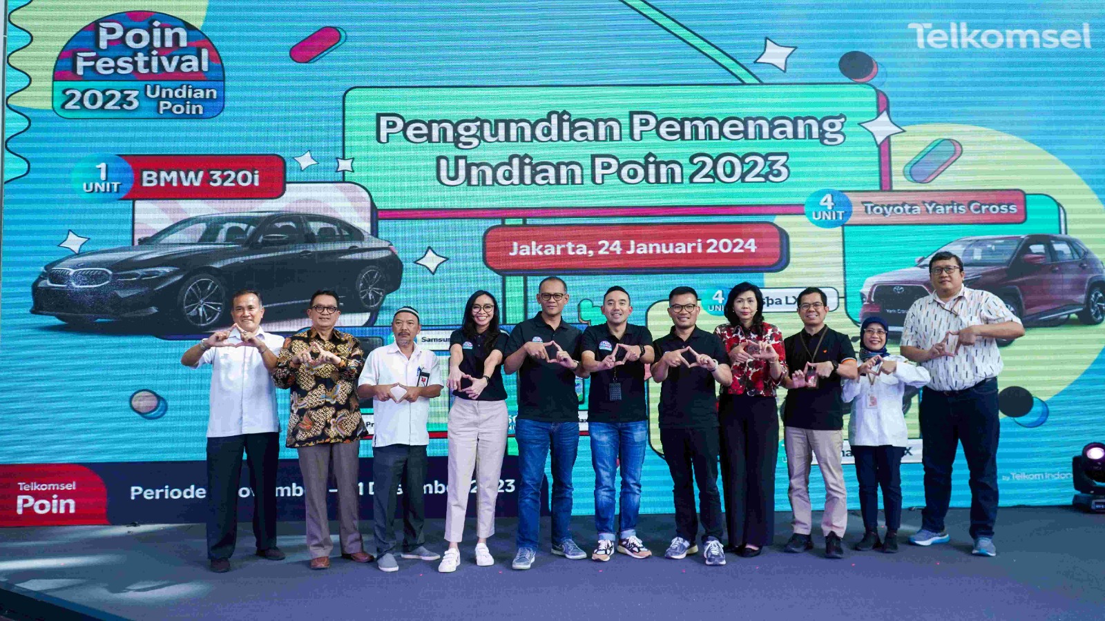 Lima Mobil Mewah Diboyong Pelanggan Setia Telkomsel Poin Festival 2023 resmi sampai pada puncaknya dengan dilakukannya pengundian dan pengumuman para pemenang Undian Poin Festival 2023, di Jakarta, Rabu (24/1/2024).(Istimewa)