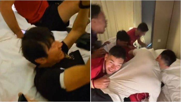 Momen Shin Tae-yong Diserbu dan Dibanting Pemain Timnas, Selebrasi Lolos 16 Besar Foto : Ist