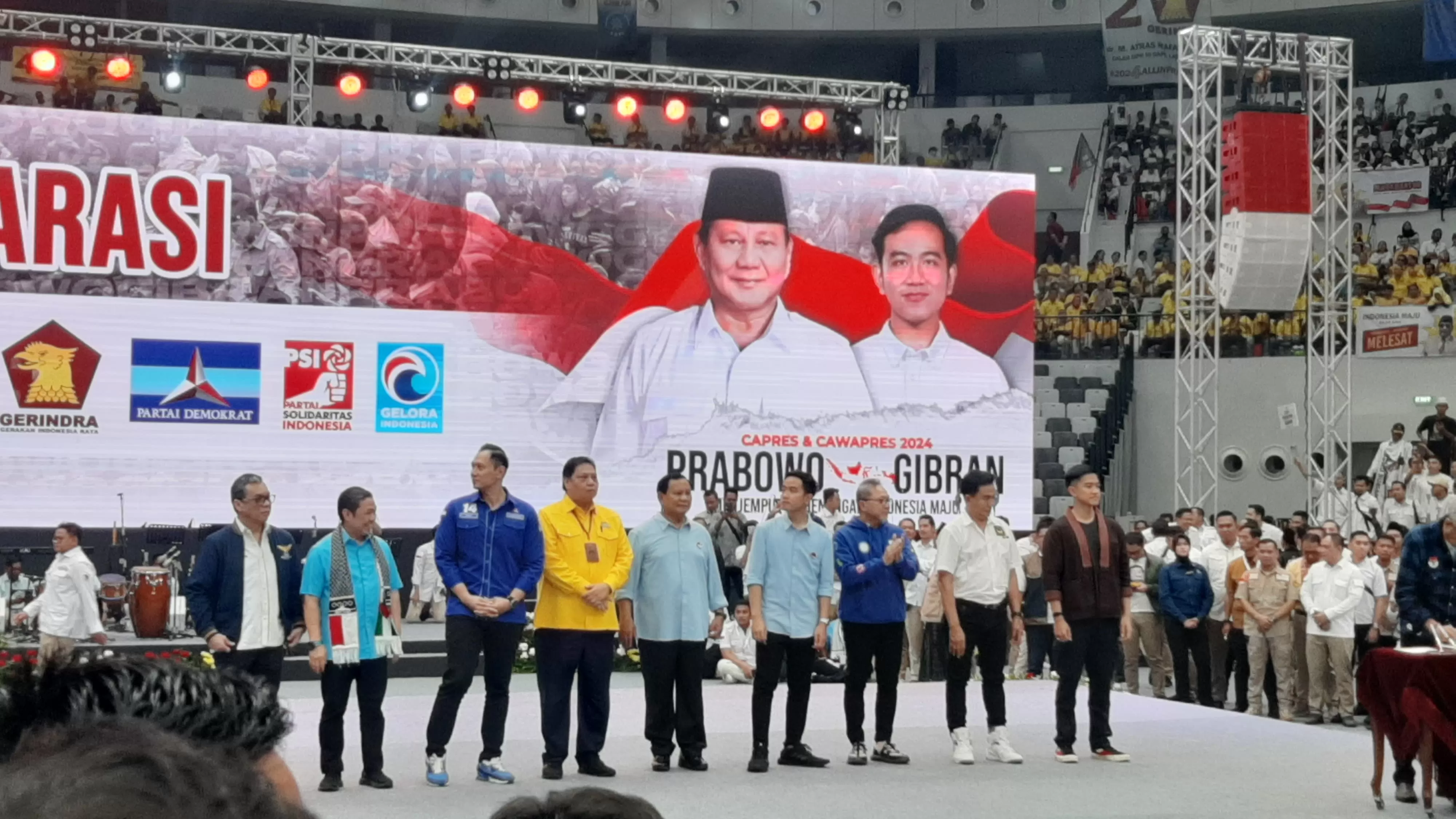 Perlu Tidaknya Pembentukan Setgab Koalisi Partai Pendukung Prabowo Para Ketum Partai pendukung Prabowo-Gibran saat deklarasi. Foto : Ist