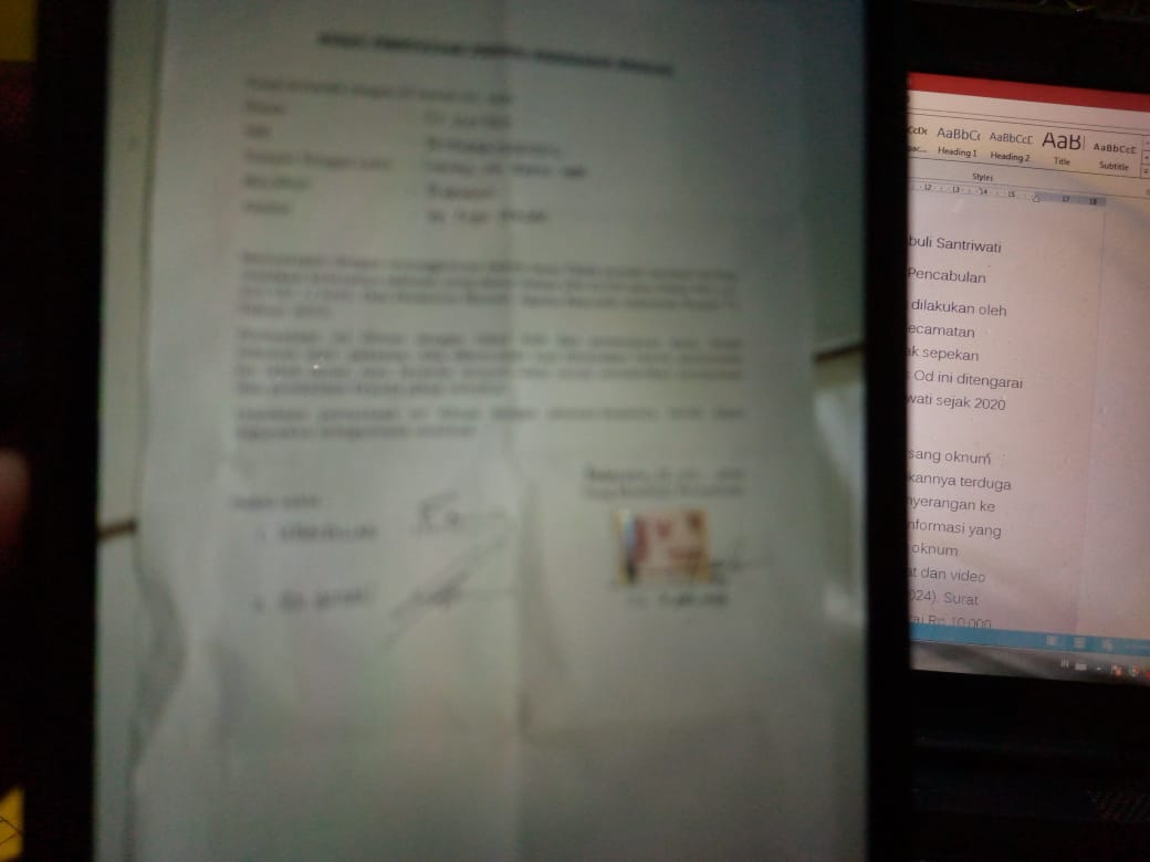 Oknum Pimpinan Ponpes di Cadasari Diduga Cabuli Santriwati Surat pernyataan IK yang mengklarifikasi dugaan pencabulan oleh oknum pimpinan ponpes berinisial Z alias Od.(Istimewa)