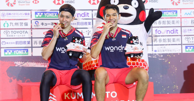 Fajar/Rian Juara Ganda Putra Kumamoto Japan Masters 2024 Pasangan ganda Indonesia Farjar/Rian. Foto : Ist