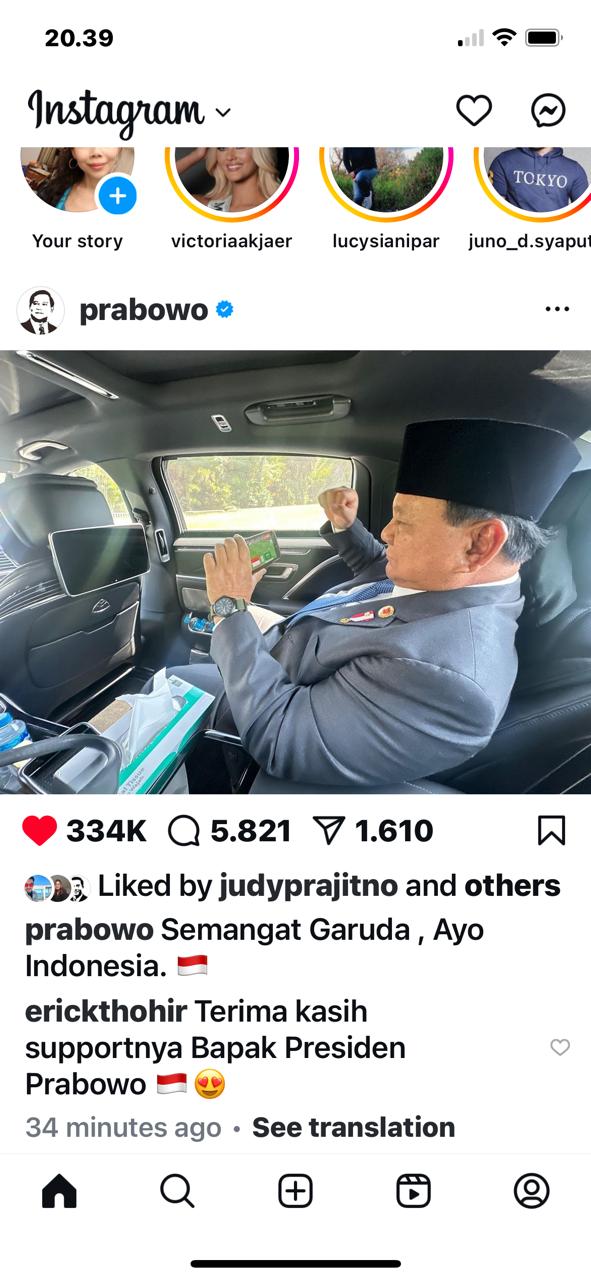 Prabowo Sempatkan Nonton Laga Indonesia Vs Arab Saudi Via Ponsel Foto : IG
