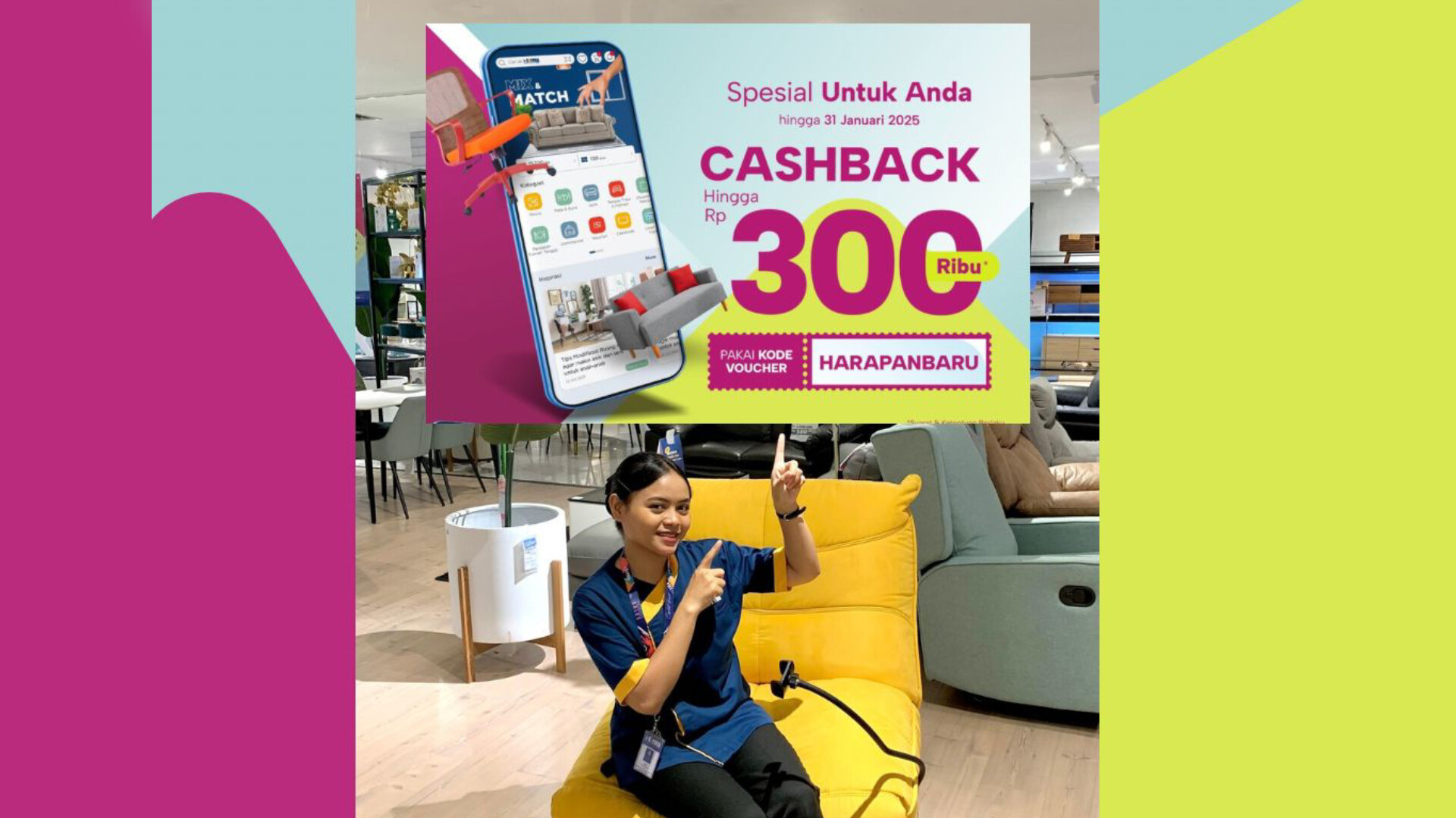 Belanja Furniture Awal Tahun di Informa Ciputat Point, temukan Cashback hingga 11 Juta dan Diskon 11%. Promo menarik di Informa Ciputat Point. (Ist)