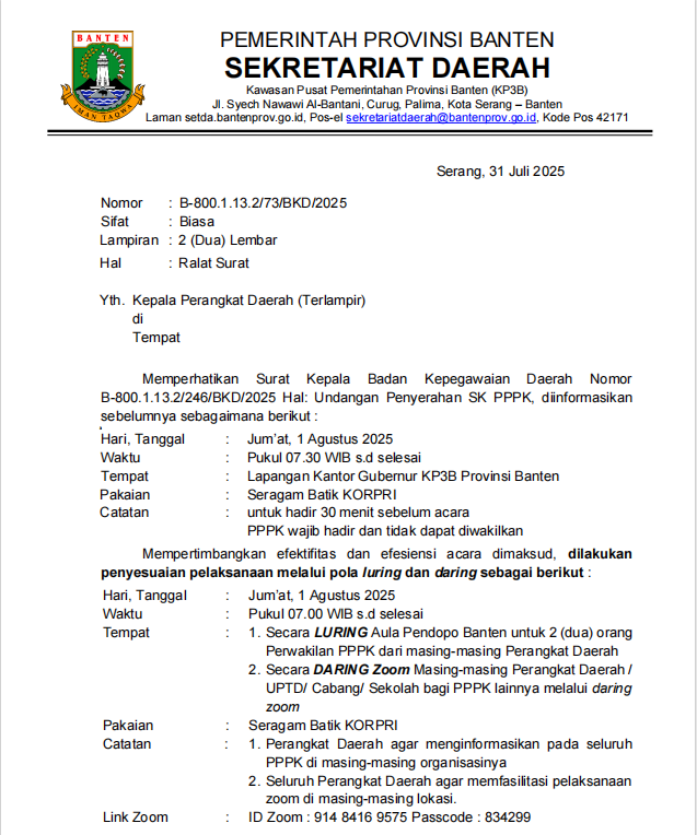 Sekda Banten Ralat Surat Kepala BKD Soal Penyerahan SK PPPK Tangkapan layar ralat surat dari Pemprov Banten terkait penyerahan SK PPPK.(Istimewa)