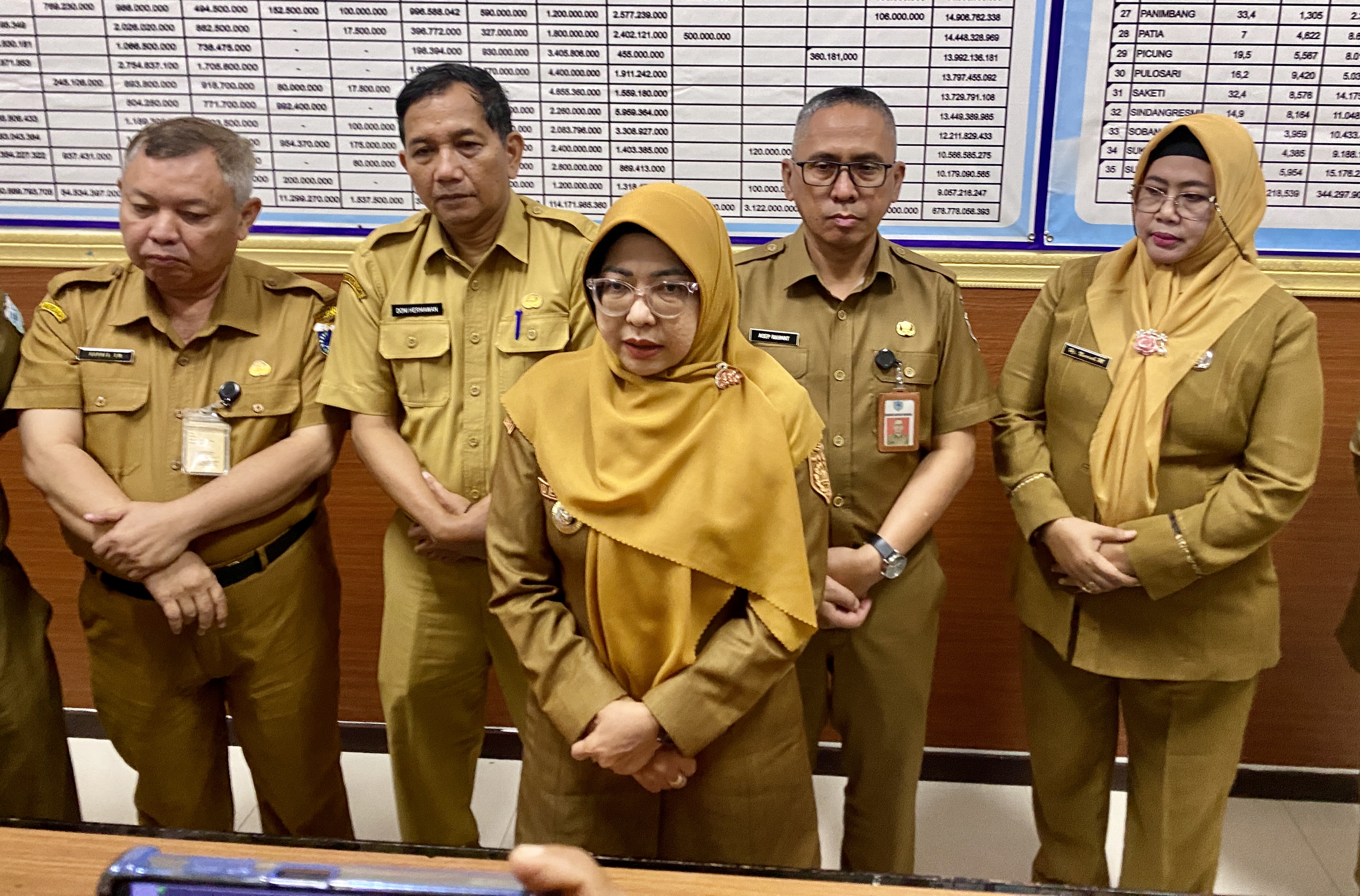 Pembatalan MoU Sampah Tunggu Balasan Pemkot Tangsel Bupati Pandeglang Raden Dewi Setiani, didampingi Sekda Pandeglang, para Asda dan pejabat lainnya, saat memberikan pernyataan membatalkan MoU sampah Tangsel, di Setda Pandeglang, beberapa waktu lalu.