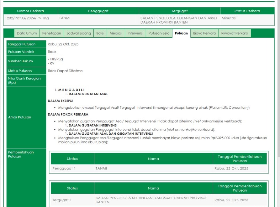 Tangkapan layar putusan PN Tangerang atas gugatan kepemilikan aset tanah Situ Setingin.(Istimewa)