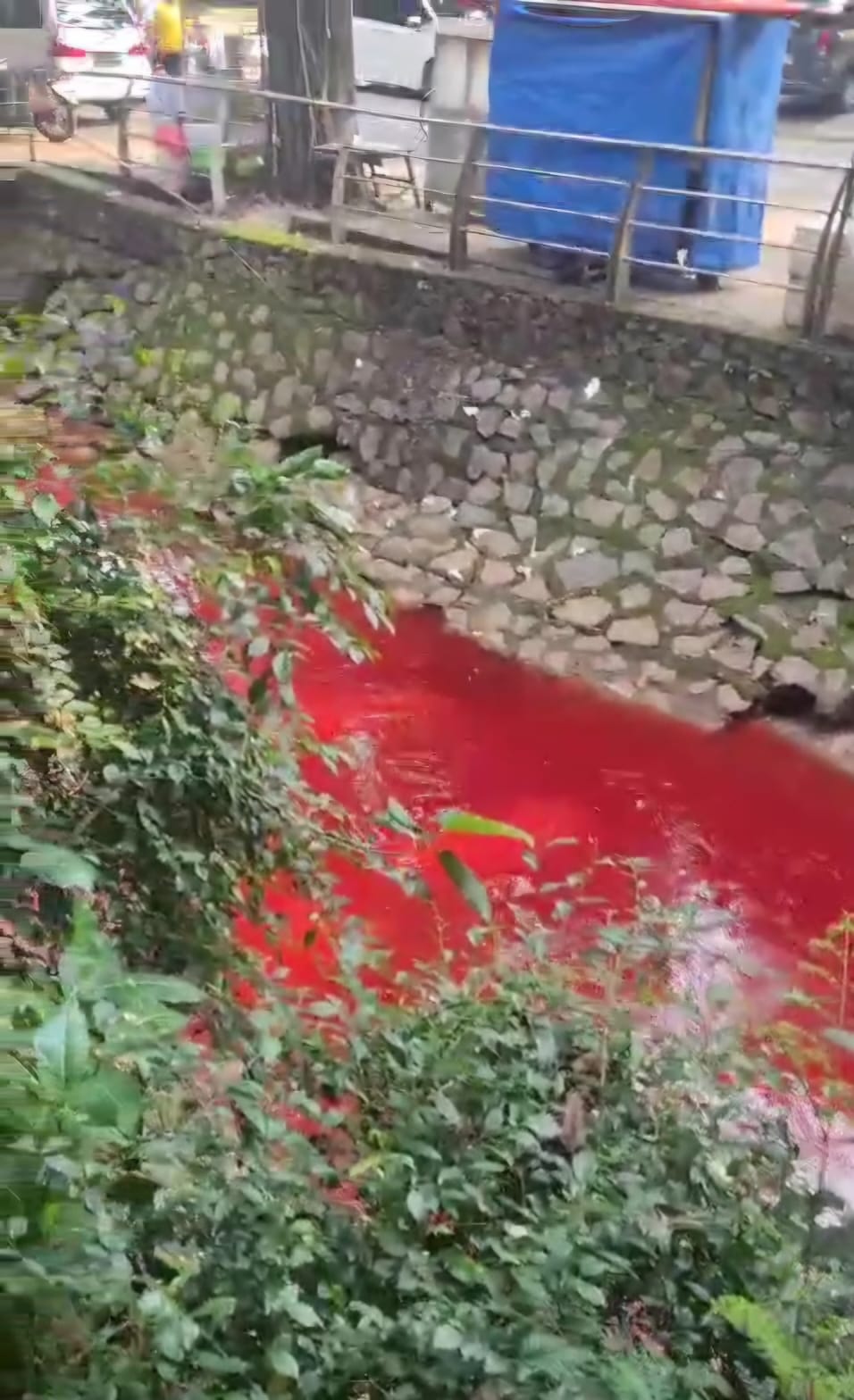 Warga Ciater heboh melihat air kali berubah warna jadi merah pekat, Sabtu (4/10).