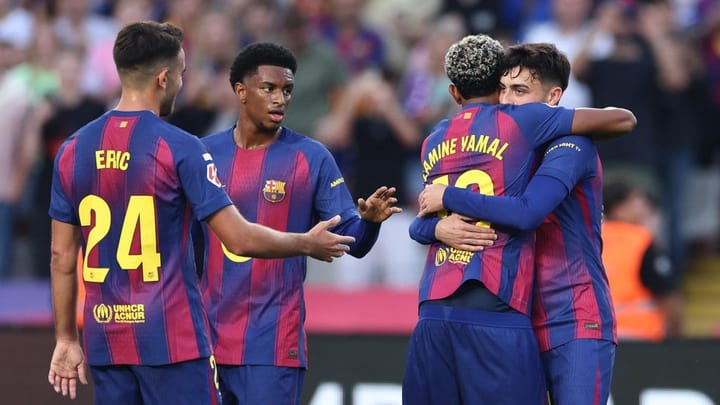 Liga Champions Selebrasi Skuad Barcelona usai menang 6-1 dari Olympiacos. Foto : Ist