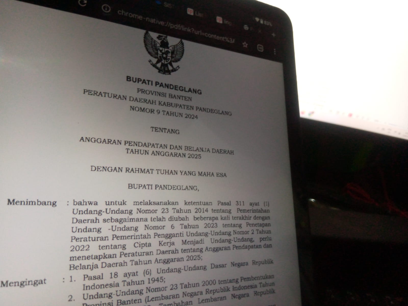Ilustrasi Perda Nomor 9 Tahun 2024 tentang APBD TA 2025 Kabupaten Pandeglang.(Ari Supriadi/tangselpos.id)