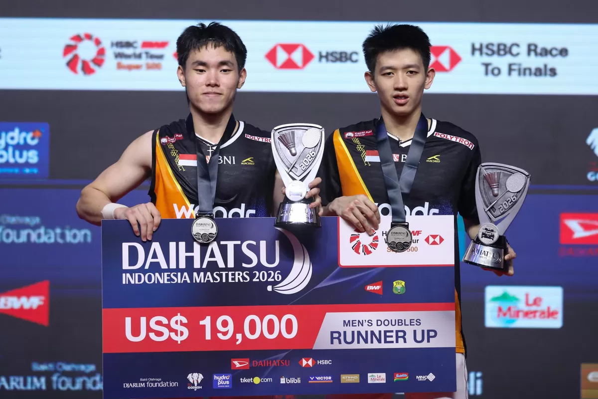 Ganda putra Indonesia Raymond Indra/Nikolaus Joaquin rebut runner up Indonesia Masters 2026. Foto : Ist