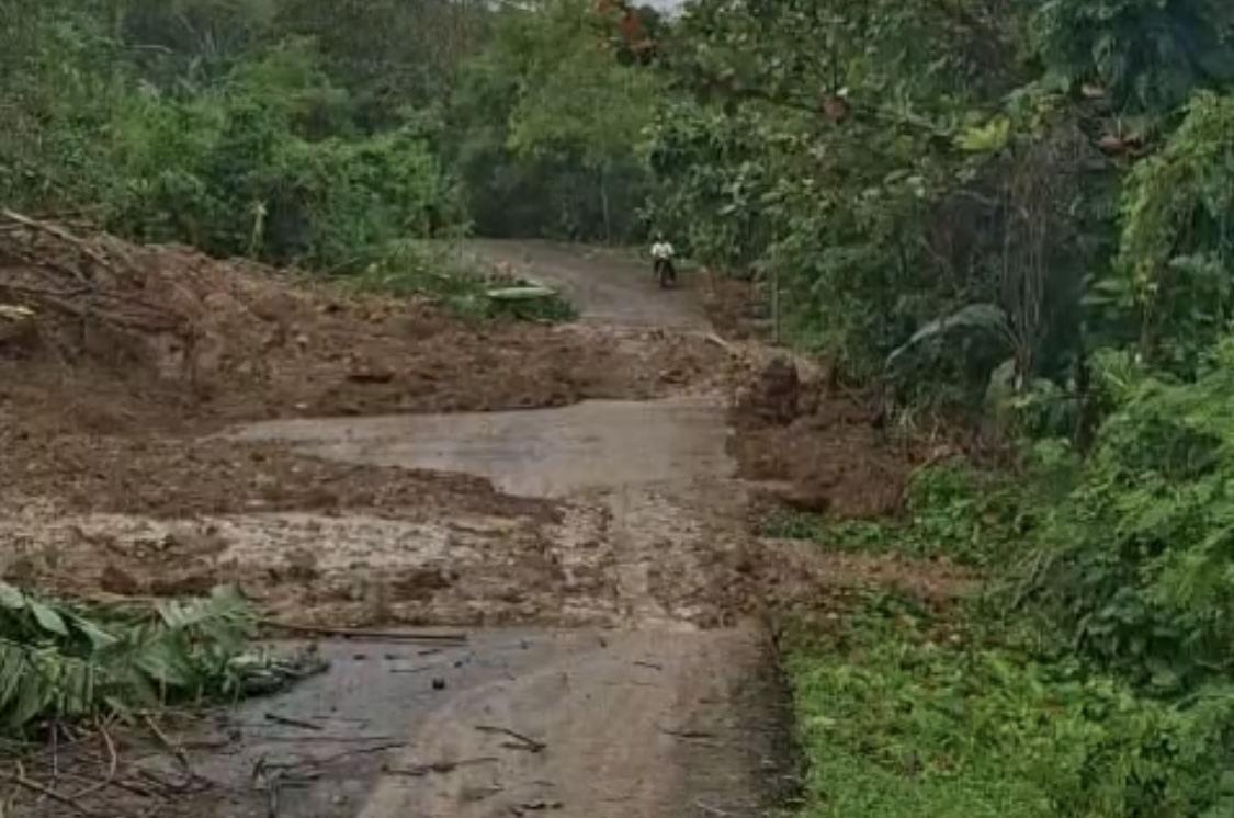 LONGSOR. Akses jalan Tanjung Lesung-Sumur, tepatnya Desa Tanjungjaya, Kecamatan Sumur, Kabupaten Pandeglang masih ketutup material longsoran, Selasa (24/2).