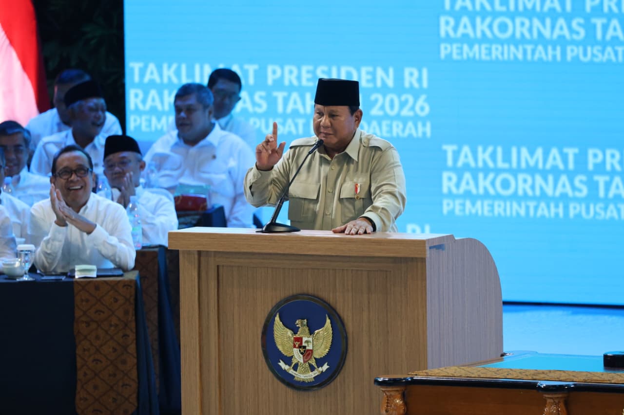 Presiden Prabowo saat menyanpaikan sambutannya di acara Rapat Koordinasi Nasional Pemerintah Pusat dan Daerah 2026 di Bogor, Senin (2/2). Foto : Ist