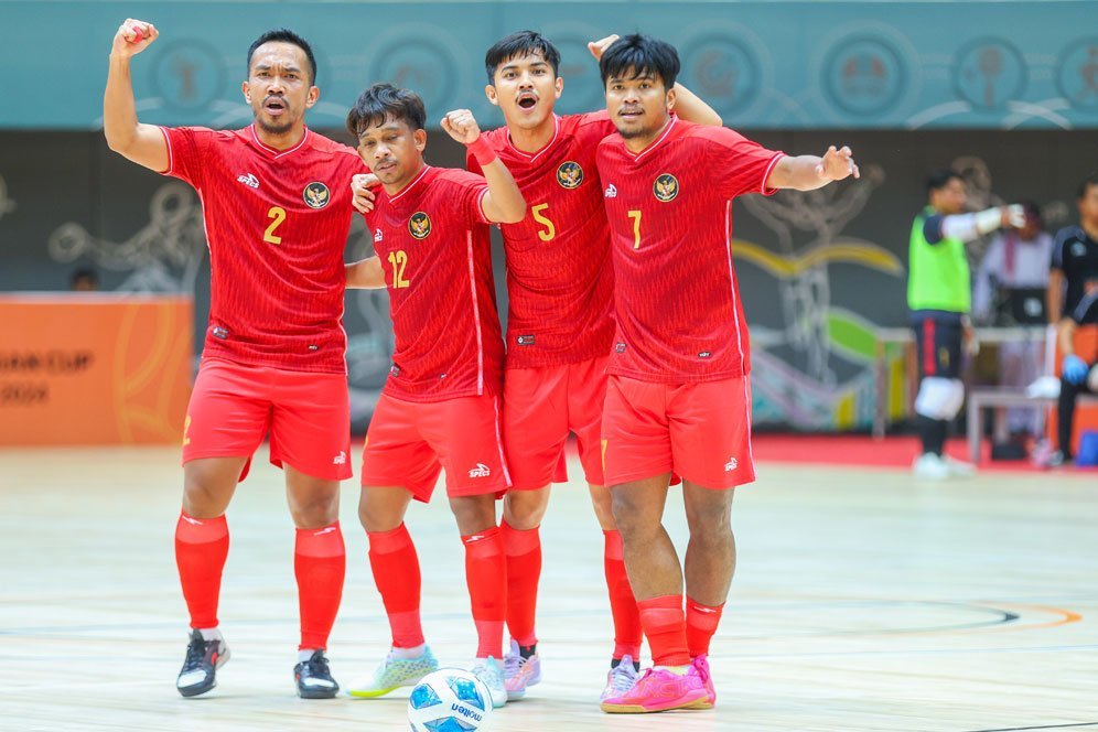 Selebrasi timnas Futssl Indonesia usai menekuk 7-0 timnas Brunai. Foto : Ist