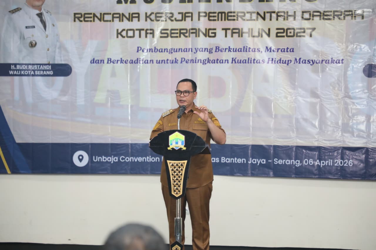 Wali Kota Serang, Budi Rustandi, saat menyampaikan sambutan dalam acara pembukaan Musrenbang RKPD 2027, di Unbaja Convention Hall, Senin (6/4/2026).(Istimewa)