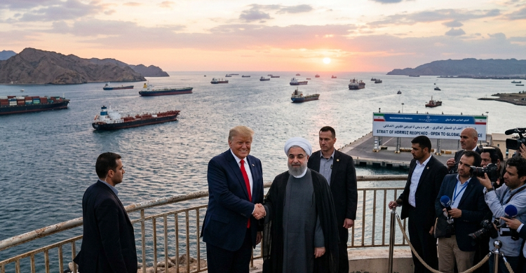 Ilustrasi pembukaan Selat Hormuz menunggu ditandatangani Presiden AS Donald Trump dan Pemimpin Tinggi Iran Mojtaba Khamenei. Foto: Ist