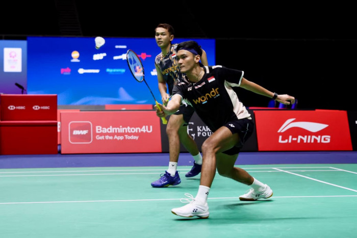 Pasangan ganda putra Fajar Alfian/Muhammad Shohibul Fikri, memastikan langkah ke semifinal BWF World Tour Super 750 Singapore Open 2026. Foto : Ist