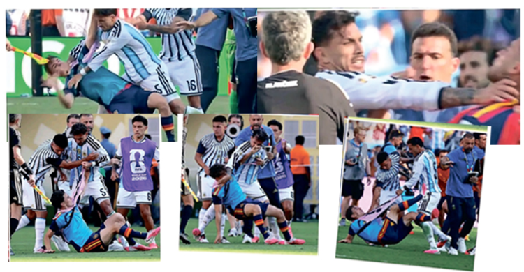 Aksi brutal dilapangan usai final Spanyol kalahkan Argentina. Foto : Ist