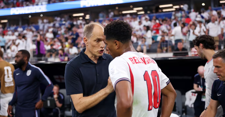 Pelatih Inggris Thomas Tuchel dan Jude Bellingham. Foto : Ist