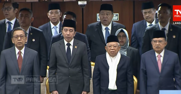 Presiden hingga Wakil Presiden terdahulu seperti Joko Widodo (Jokowi), Boediono, Jusuf Kalla (JK), hingga KH. Maruf Amin, hadir dalam Sidang Tahunan dan Sidang Bersama 2026, yang digelar di Gedung DPR/MPR/DPD RI, Jumat (14/8/2026). Foto: TV Parlemen