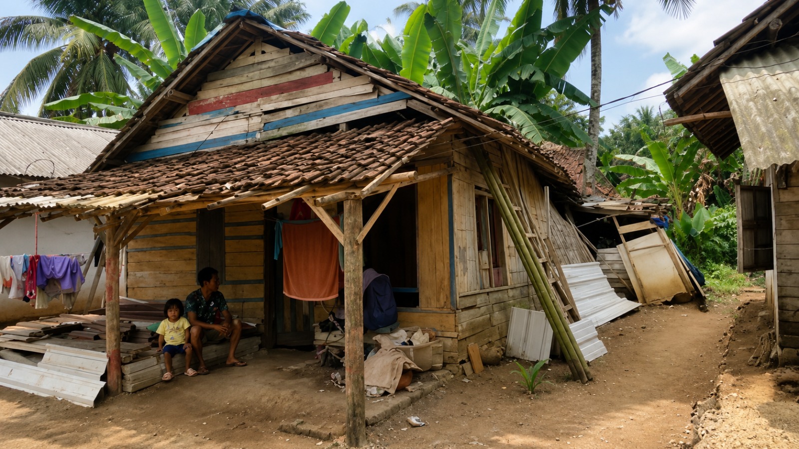 TERANCAM AMBRUK. Kondisi rumah Yeni Farida warga Kampung Caringin Lor, Desa Caringin, Kecamatan Labuan, Kabupaten Pandeglang, memprihatinkan. Sebab, sudah doyong dan terancam ambruk. (NIPAL SUTIANA/TANGSEL POS)