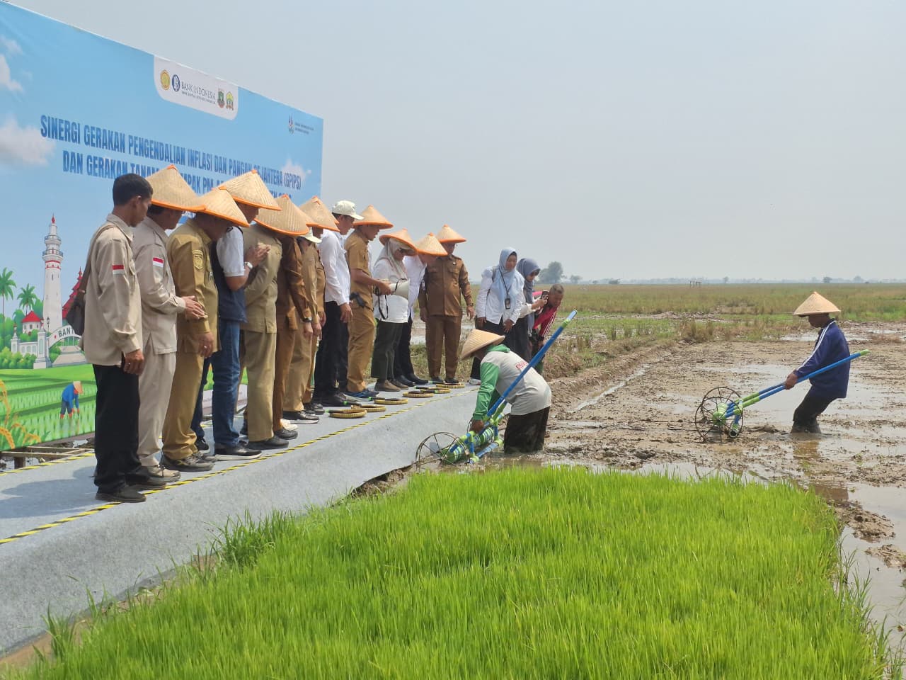 PERTANIAN MODERN. Pejabat Bank Indonesia dan Kementerian Pertanian serta pemerintah daerah dalam acara Sinergi Gerakan Pengendalian Inflasi dan Pangan Sejahtera dan Gerakan Tanam Serempak Pertanian Modern -Advanced Agricultural System (PM-AAS), di Kelurahan Kilasah, Kecamatan Kasemen, Kota Serang, Selasa (15/9). YULIAWATINSARIPUDIN/TANGSEL POS