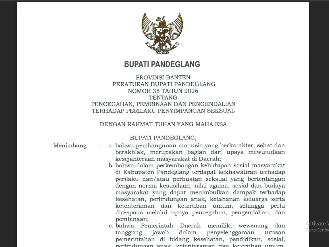 Tangkapan layar Peraturan Bupati Pandeglang Nomor 35 Tahun 2026 tentang Pencegahan, Pembinaan dan Pengendalian Terhadap Perilaku Penyimpangan Seksual.(Istimewa)
