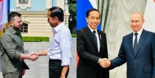 Presiden Jokowi dan Presiden Ukraina (kiri) dan Presiden Jokowi dan Presiden Rusia (kanan). (Ist)