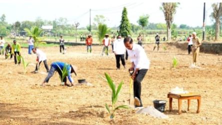 Presiden Jokowi bersama Menteri Pertanian Syahrul Yasin Limpo, Mensekneg Pratikno dan Gubernur Jawa Tengah Ganjar Pranowo melakukan tanam pohon kelapa Genjah di Boyolali. Foto : Setpres