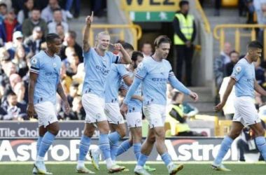 Para pemain Man City merayakan kemenangan usai menang 3-1 Brighton. (Ist)
