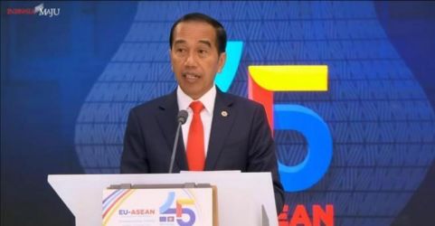 Presiden Jokowi saat pidato  di KTT ASEAN-Uni Eropa di Brussels, Belgia. (Foto : Setpres)