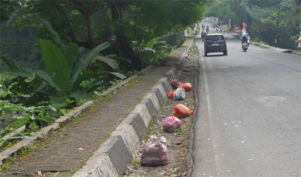Sampah berserakan di bahu Jalan Raya Pandeglang-Labuan tepatnya di dekat Perkantoran Cikupa, Kecamatan Pandeglang.(Ari Supriadi/tangselpos.id)