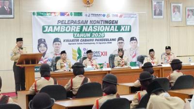 Suasana pelepasan Kontingen Jambore Nasional (Jamnas) ke-XII Kwartir Cabang (Kwarcab) Pandeglang, di Oproom Sekretariat Daerah (Setda) Pandeglang, Selasa (11/8/2026).(Istimewa)