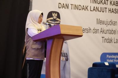 Bupati Pandeglang, Raden Dewi Setiani, saat menyampaikan sambutan dalam acara Rakorwas Inspektorat di Hotel Horizon Altama, Rabu (19/8/2026).(Istimewa)